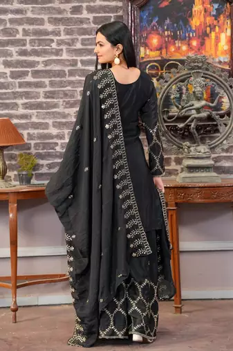 Black chinnon silk heavy emrboidery work fully sharara suit