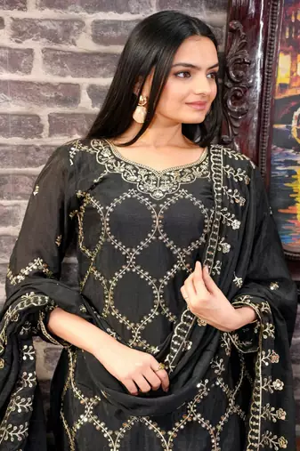 Black chinnon silk heavy emrboidery work fully sharara suit