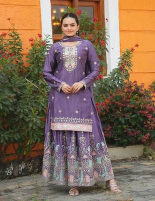 Dark lavender chinnon silk heavy emrboidery work fully sharara suit 1