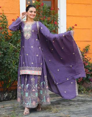 Dark lavender chinnon silk heavy emrboidery work fully sharara suit 3