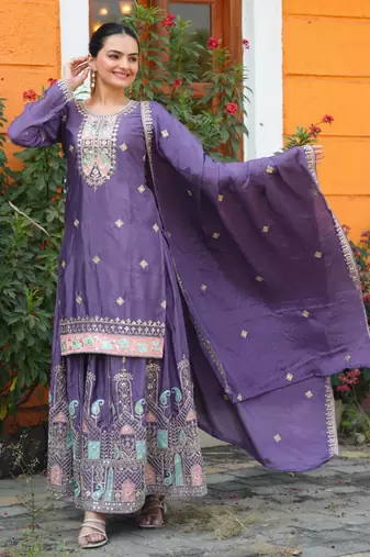 Dark lavender chinnon silk heavy emrboidery work fully sharara suit