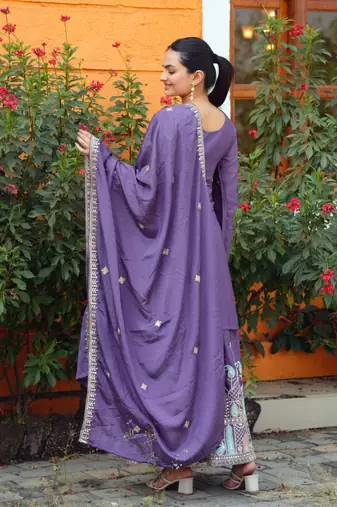 Dark lavender chinnon silk heavy emrboidery work fully sharara suit