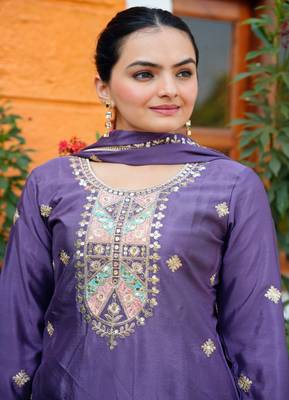Dark lavender chinnon silk heavy emrboidery work fully sharara suit 5
