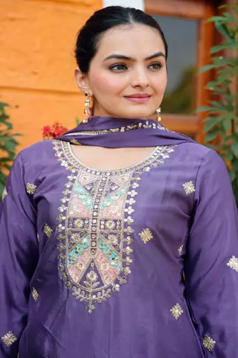 Dark lavender chinnon silk heavy emrboidery work fully sharara suit