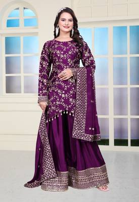Wine chinnon silk heavy emrboidery work fully sharara suit 1