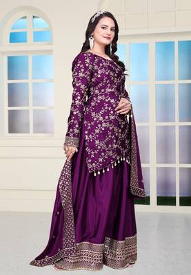Wine chinnon silk heavy emrboidery work fully sharara suit 2