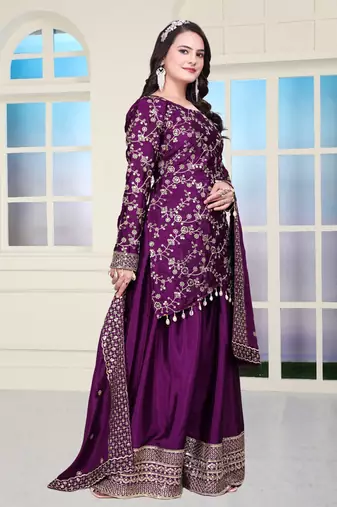 Wine chinnon silk heavy emrboidery work fully sharara suit