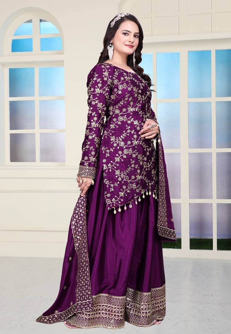 Wine colour chinnon silk heavy emrboidery work fully stitched sharara suit
