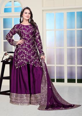 Wine chinnon silk heavy emrboidery work fully sharara suit 3