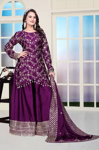 Wine chinnon silk heavy emrboidery work fully sharara suit