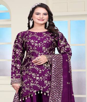 Wine chinnon silk heavy emrboidery work fully sharara suit 4