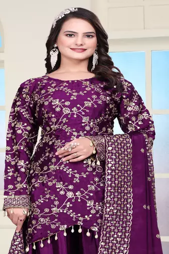 Wine chinnon silk heavy emrboidery work fully sharara suit