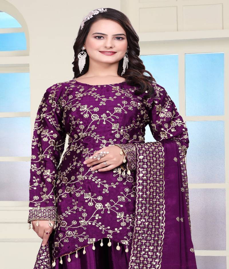 Wine colour chinnon silk heavy emrboidery work fully stitched sharara suit