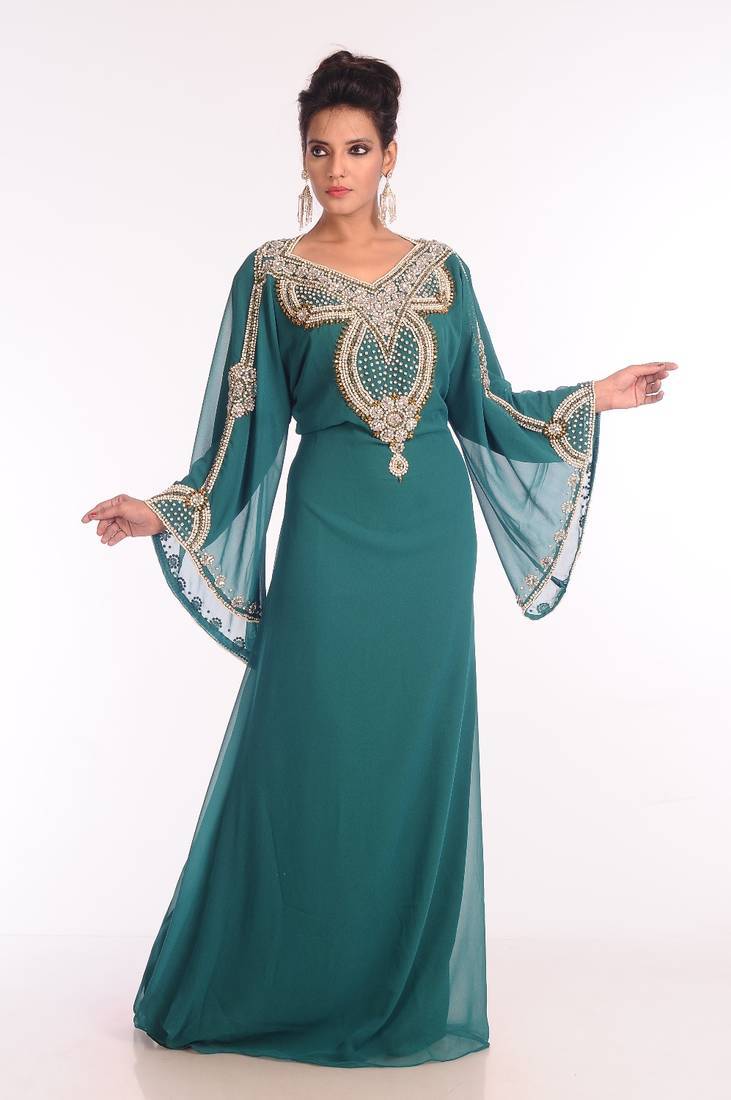 Sea green embroidered georgette islamic kaftan