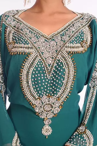 Sea green embroidered georgette islamic kaftan