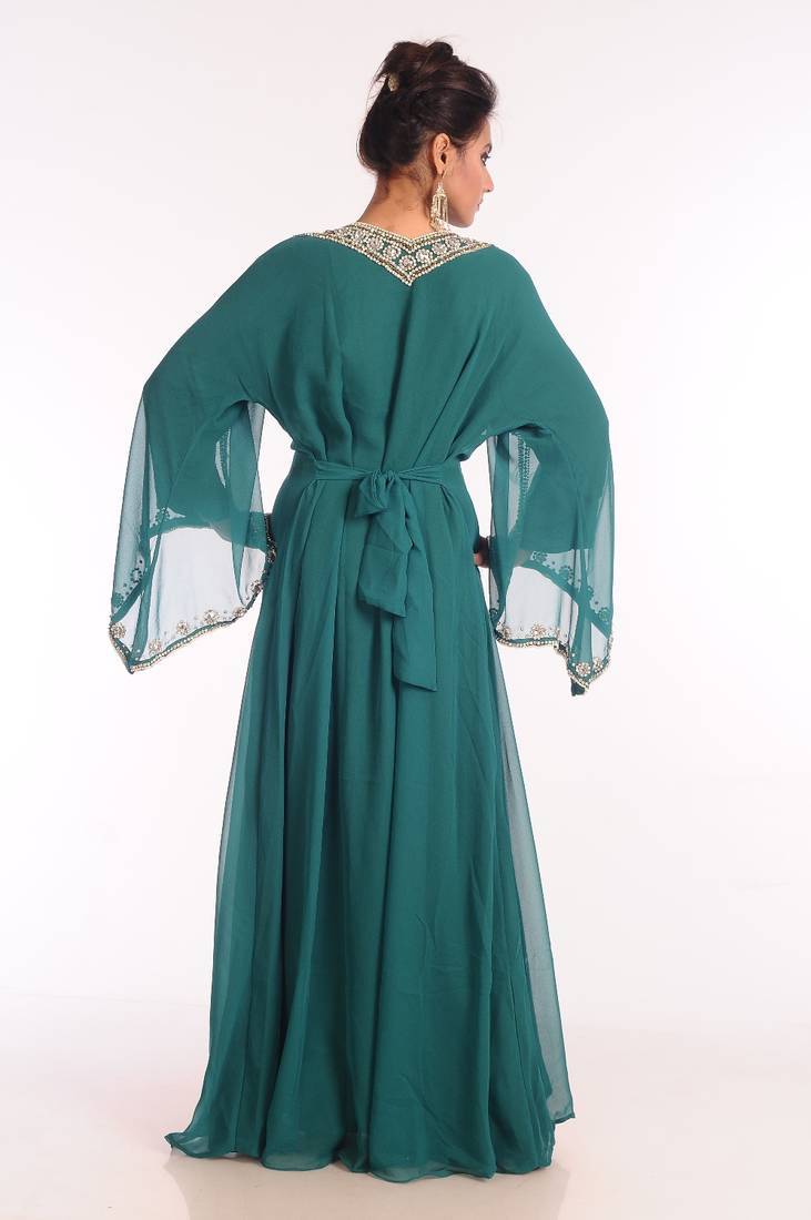 Sea green embroidered georgette islamic kaftan