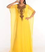 Yellow zari work stones & beads embellish georgette islamic style arabian maxi partywear kaftan