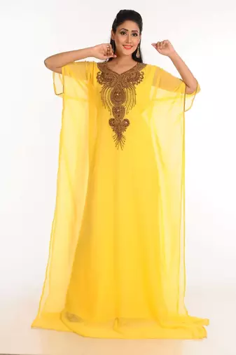 Yellow zari work stones & beads embellish georgette islamic style arabian maxi partywear kaftan