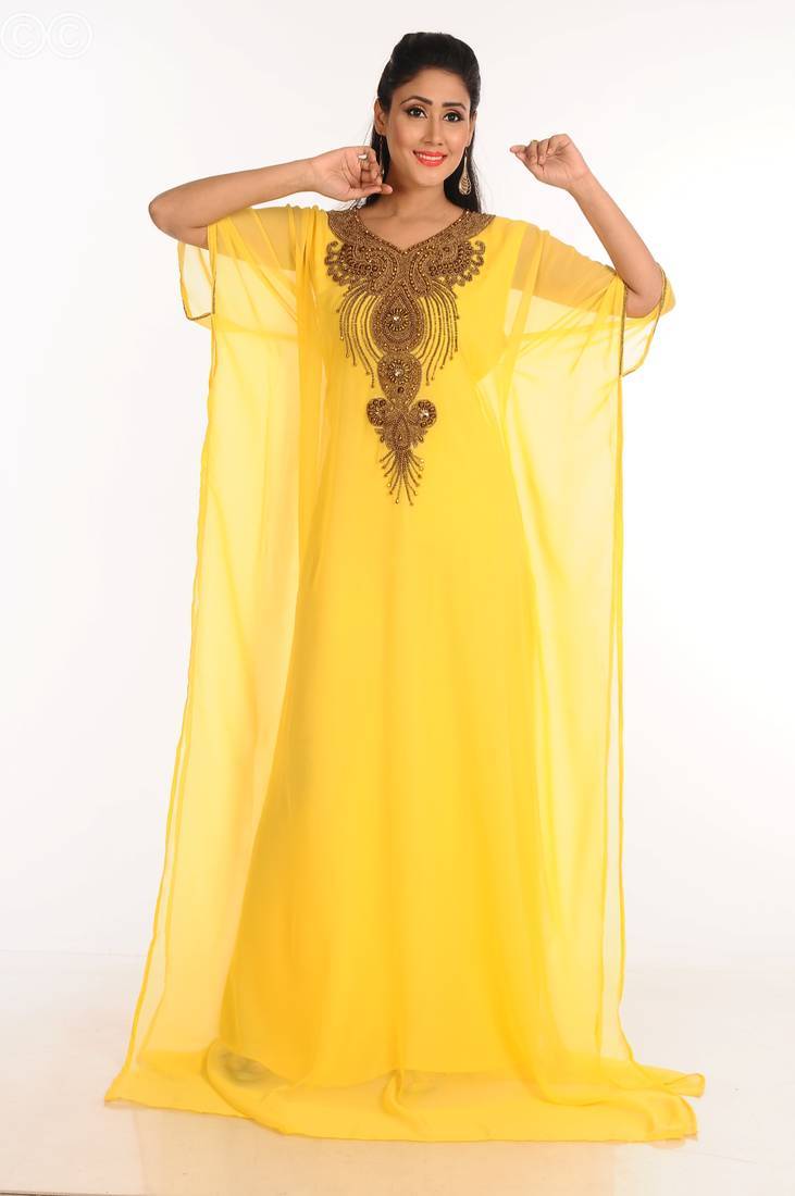 Yellow zari work stones & beads embellish georgette islamic style arabian maxi partywear kaftan