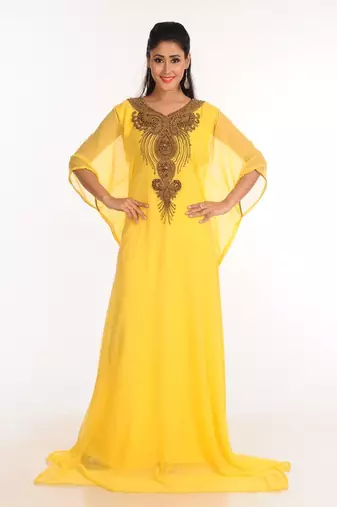 Yellow zari work stones & beads embellish georgette islamic style arabian maxi partywear kaftan
