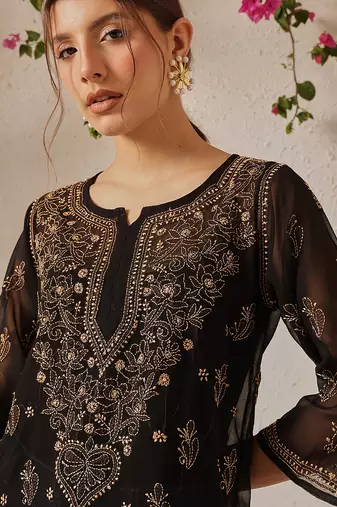 Women Hand Embroidered Black Georgette Lucknowi Chikankari Kurti With Slip