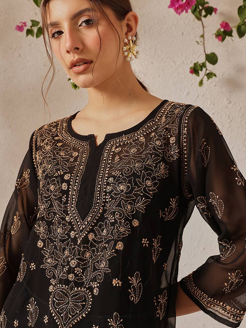 Women Hand Embroidered Black Georgette Lucknowi Chikankari Kurti With Slip