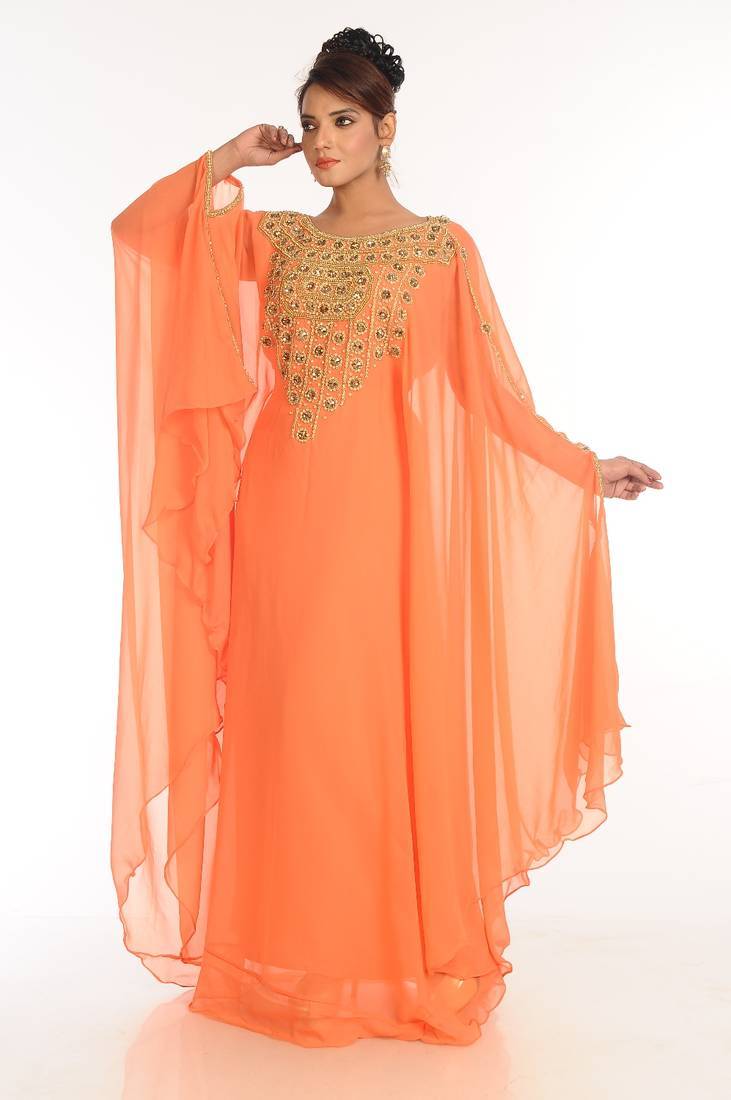 Peach embroidered georgette islamic kaftan