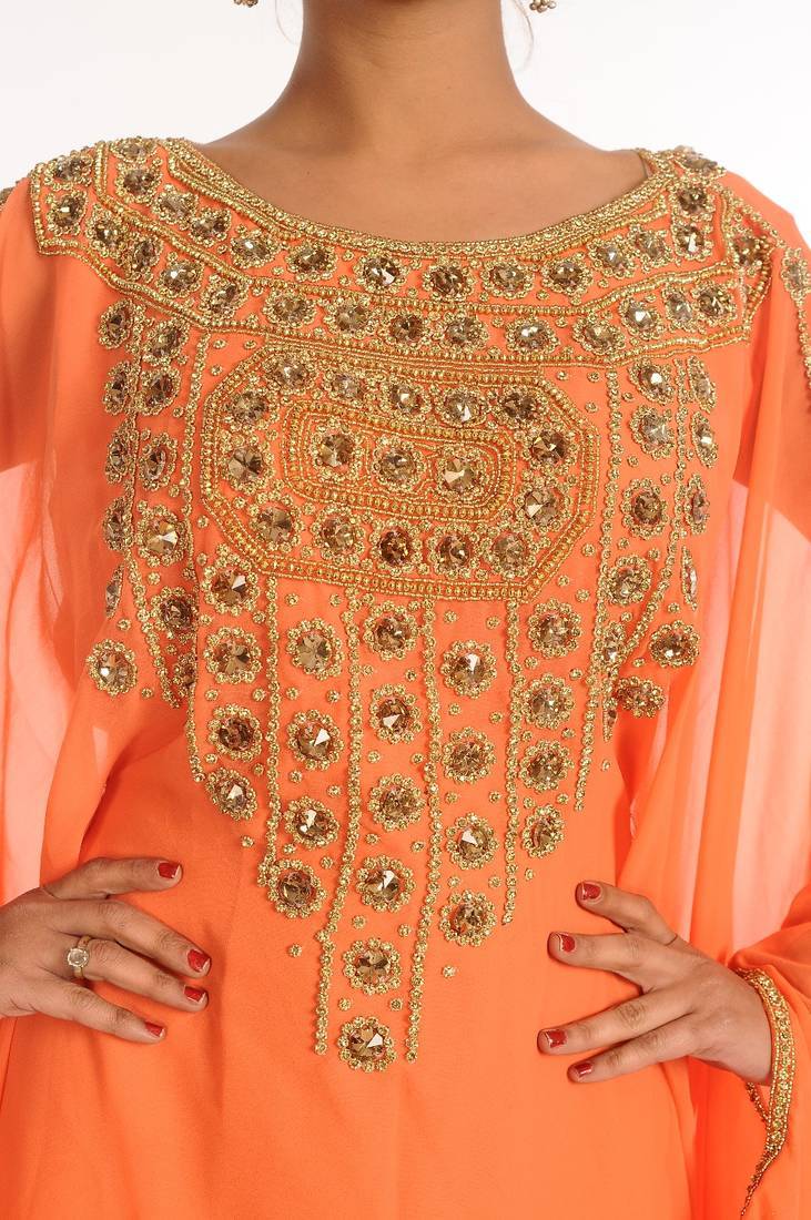 Peach embroidered georgette islamic kaftan