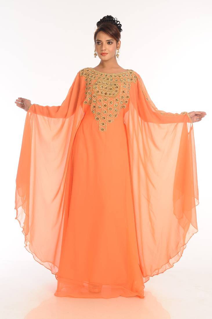 Peach embroidered georgette islamic kaftan