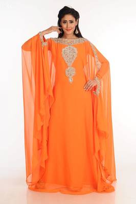 Orange zari work stones & beads embellish georgette islamic style arabian maxi partywear kaftan 1