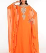 Orange zari work stones & beads embellish georgette islamic style arabian maxi partywear kaftan