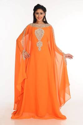 Orange zari work stones & beads embellish georgette islamic style arabian maxi partywear kaftan 2