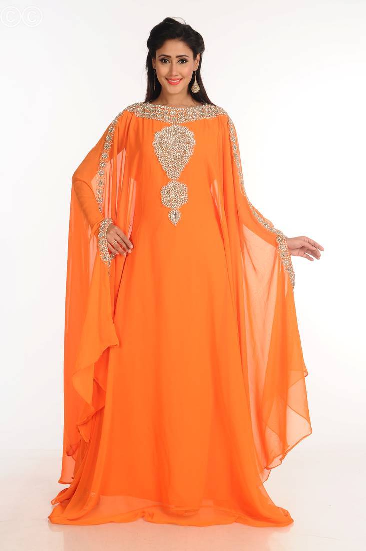 Orange zari work stones & beads embellish georgette islamic style arabian maxi partywear kaftan
