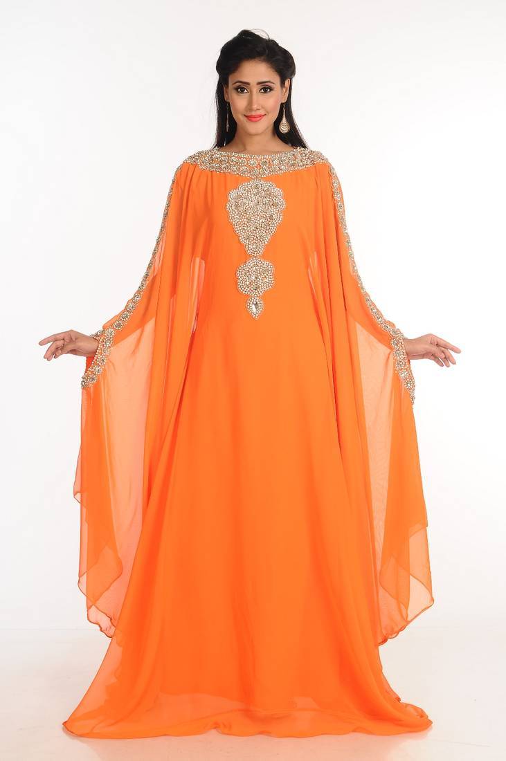 Orange zari work stones & beads embellish georgette islamic style arabian maxi partywear kaftan