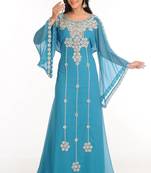 Blue zari work stones & beads embellish georgette islamic style arabian maxi partywear kaftan