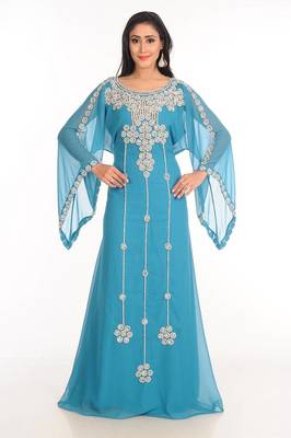 Blue zari work stones & beads embellish georgette islamic style arabian maxi partywear kaftan 2