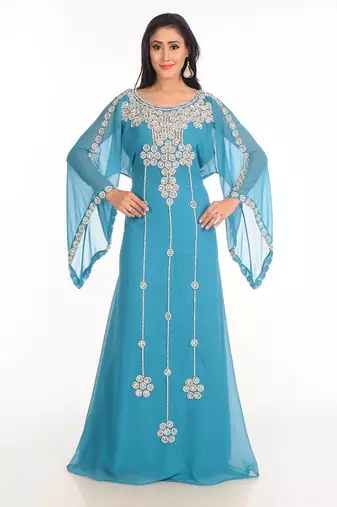 Blue zari work stones & beads embellish georgette islamic style arabian maxi partywear kaftan