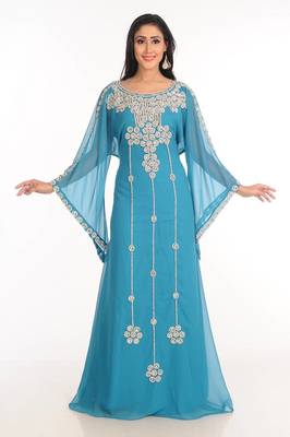 Blue zari work stones & beads embellish georgette islamic style arabian maxi partywear kaftan 3