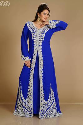 Blue zari work stones & beads embellish georgette islamic style arabian maxi partywear kaftan 1