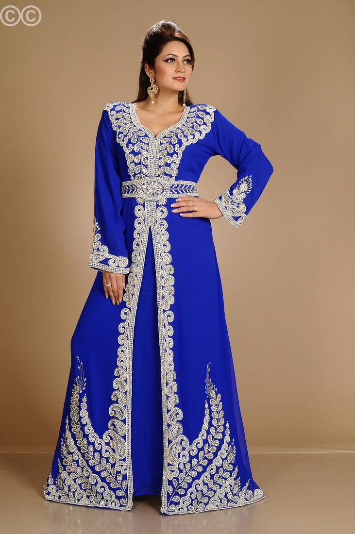 Blue zari work stones & beads embellish georgette islamic style arabian maxi partywear kaftan