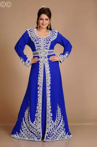 Blue zari work stones & beads embellish georgette islamic style arabian maxi partywear kaftan