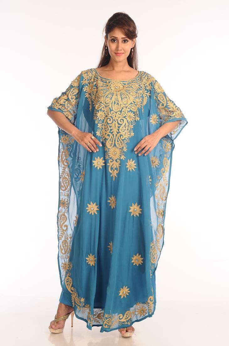 Firozi  georgette kaftan with zari work