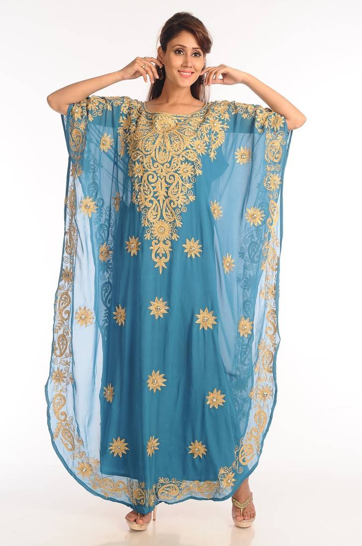Firozi  georgette kaftan with zari work