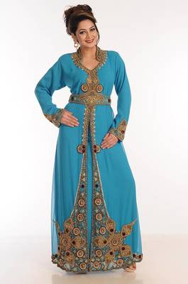 Sea green georgette kaftan with zari work 1