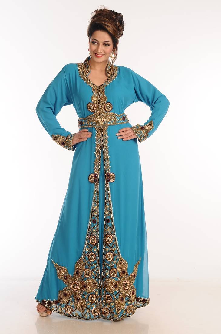 Sea green georgette kaftan with zari work