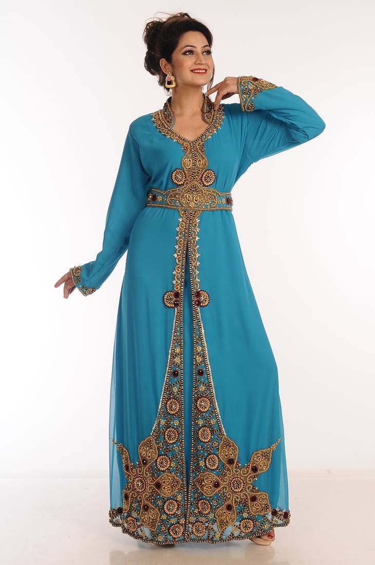 Sea green georgette kaftan with zari work