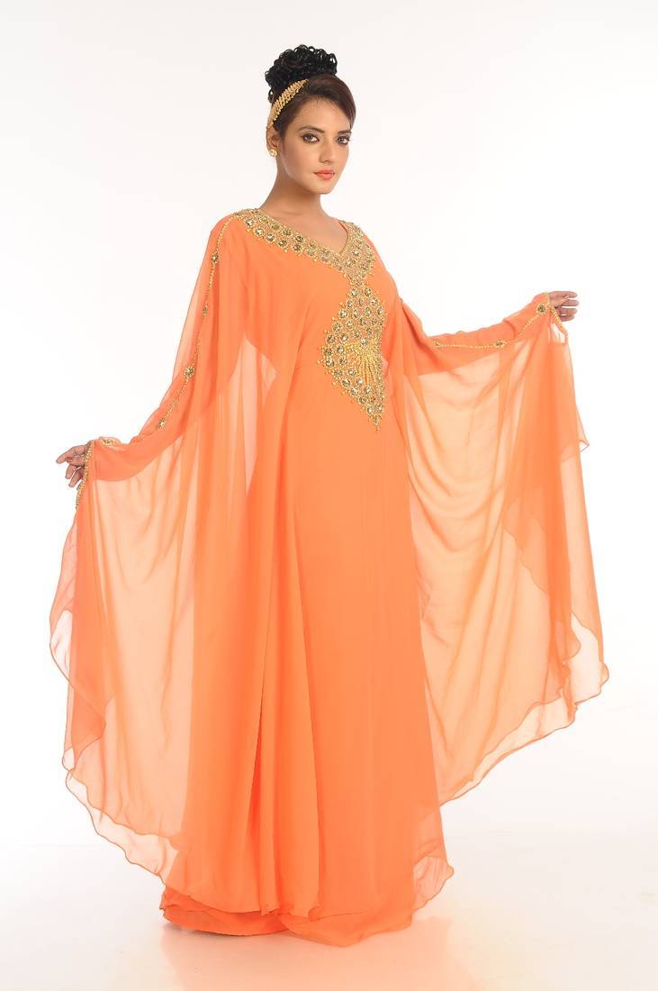 Peach embroidered georgette islamic kaftan