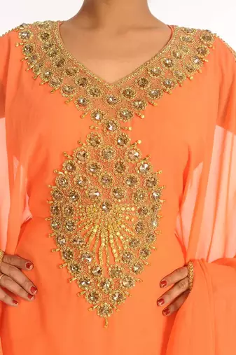 Peach embroidered georgette islamic kaftan