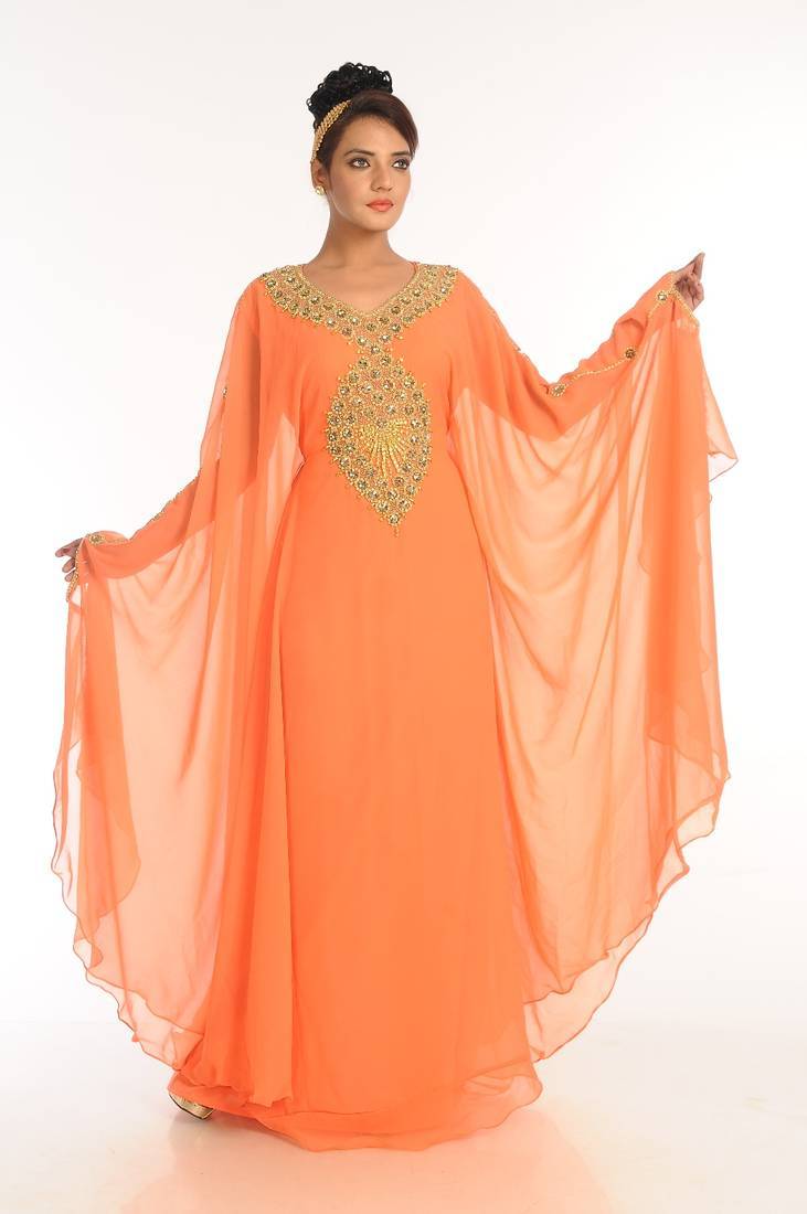 Peach embroidered georgette islamic kaftan