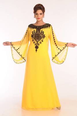 Yellow georgette embroidered stitched islamic kaftans 1